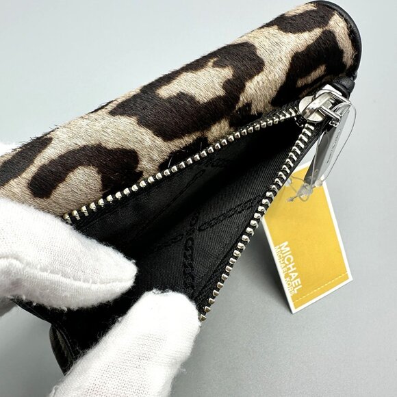 Michael Kors Black Leather Leopard Print Heather Grey Calf Hair Trifold Wallet - Picture 6 of 16